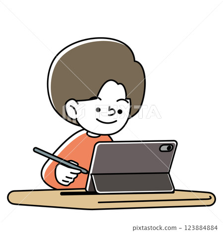 用平板裝置和觸控筆學習的微笑兒童的向量插圖 123884884