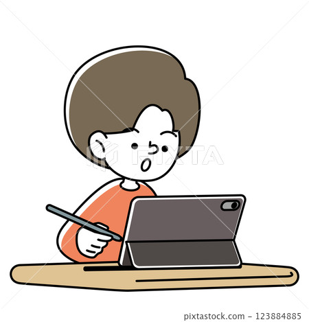 專注於在平板設備上學習的孩子的向量插圖 123884885