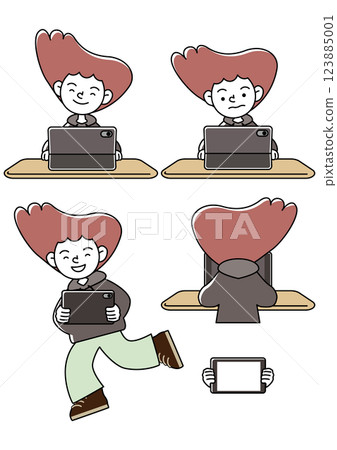 在平板電腦上學習的兒童各種面部表情模式的向量插圖集 123885001