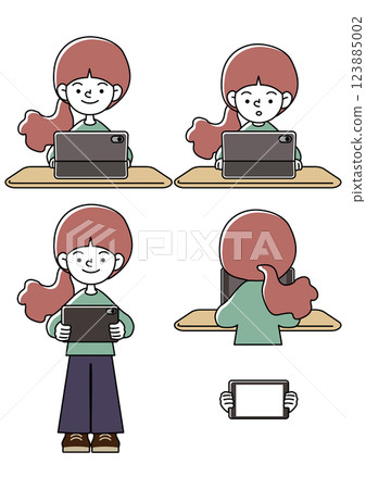 在平板電腦上學習的兒童各種面部表情模式的向量插圖集 123885002