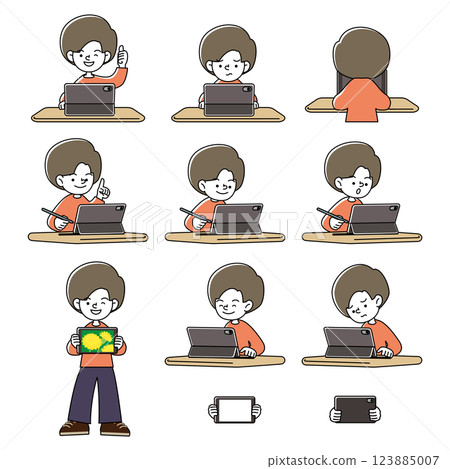 Vector illustration set of various facial expression patterns of children studying on a tablet 123885007