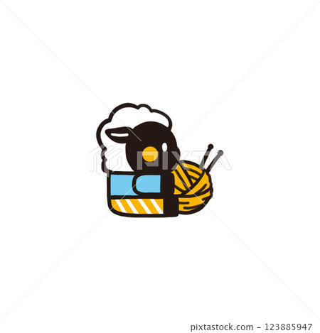 Color illustration of a sideways sheep holding a ball of yarn 123885947
