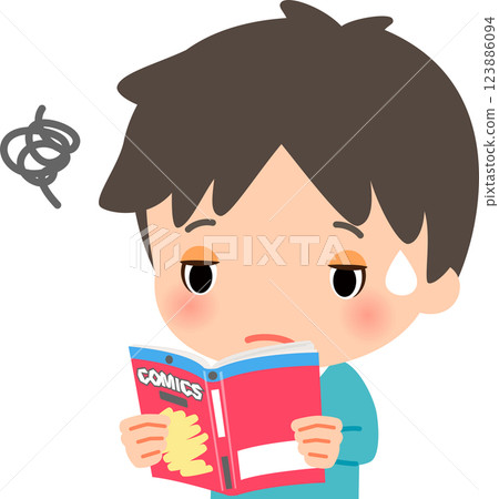 一個男人一臉無聊地讀著漫畫書 123886094