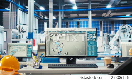 PC monitor on desk in green energy solar panels plant with CAD software used to optimize layouts. Computer program in eco friendly photovoltaics factory doing arrangements for maximum energy output 123886126