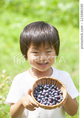 A boy picking a blueberry 123886280
