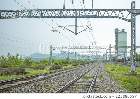 Railroad tracks and overhead lines leading from a local station 123886557