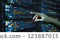 Human hand pointing at the abstract Modern tech of Programming code screen developer. C Programming Language of Computer script and Technology background of software. 123887015