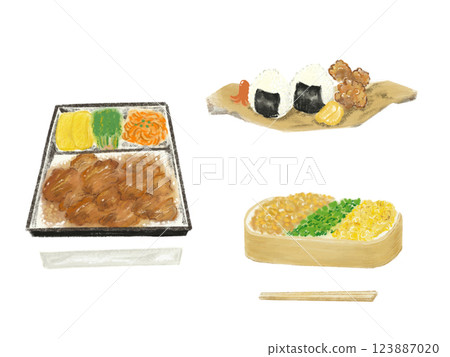 Delicious bento set, slightly retro bento, fried chicken, ginger pork, yakiniku bento, rice balls, minced meat bento 123887020