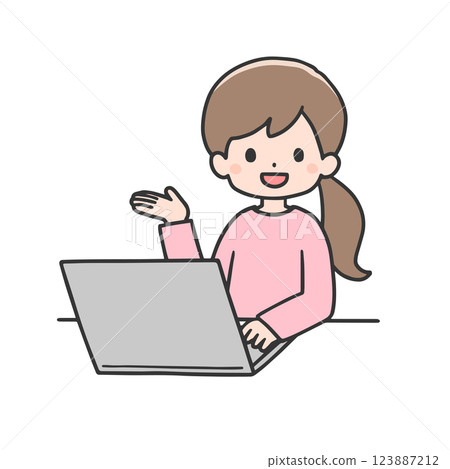 A woman to show in front of a personal computer 123887212