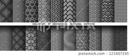 Geometric set of seamless black and gray patterns. Simple vector graphics Geometric set of seamless black and gray patterns. Simple vector graphics 123887295