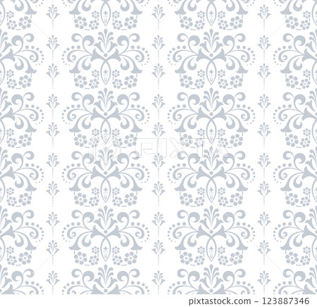 Floral pattern. Seamless vector background. Vintage wallpaper in the Baroque style. White and gray ornament for fabric, wallpaper, packaging. Ornate Damask flower illustration Floral pattern. Seamless vector background. Vintage wallpaper in the Baroque style. White and gray ornament for fabric, wallpaper, packaging. Ornate Damask flower illustration 123887346