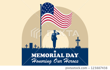 Memorial Day Tribute with Saluting Soldier and American Flag Memorial Day Tribute with Saluting Soldier and American Flag 123887438