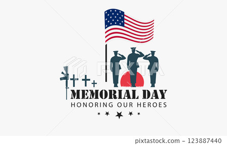 Memorial Day tribute with saluting soldiers, battlefield cross, and American flag 123887440