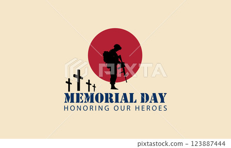 Memorial Day honoring our heroes with mourning soldier silhouette at military cemetery and red sun background Memorial Day honoring our heroes with mourning soldier silhouette at military cemetery and red sun background 123887444