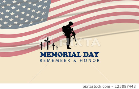 Memorial Day remember and honor with soldier silhouette mourning at military cemetery and waving American flag Memorial Day remember and honor with soldier silhouette mourning at military cemetery and waving American flag 123887448