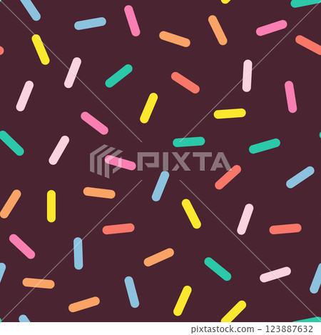 Simple Sprinkle Pattern. Chocolate Donut glaze background. Small dashes in Rainbow colors. Vector Illustration in scandinavian style Simple Sprinkle Pattern. Chocolate Donut glaze background. Small dashes in Rainbow colors. Vector Illustration in scandinavian style 123887632