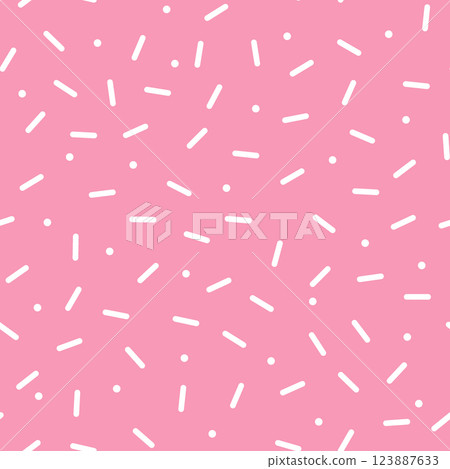 Simple Sprinkle Seamless Pattern. Pink donut glaze with white decorative sprinkles. Vector Illustration in scandinavian style Simple Sprinkle Seamless Pattern. Pink donut glaze with white decorative sprinkles. Vector Illustration in scandinavian style 123887633