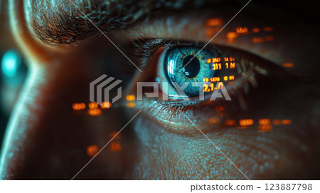 close up of person eye reflecting digital trading data, showcasing focus and concentration on option trading expiry. vibrant blue eye contrasts with glowing numbers 123887798