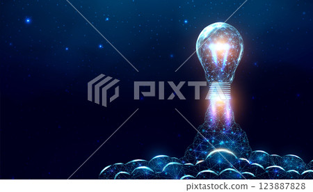 Bulb launch, wireframe polygonal style. Internet technology network, business startup concept with glowing low poly rocket. Futuristic modern abstract background. Vector illustration. 123887828