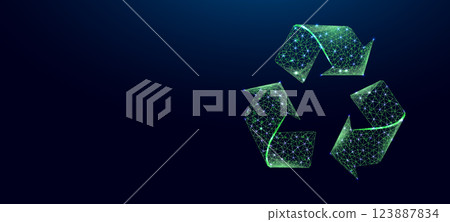 Recycling sign, glowing blue lowpoly wireframe on a dark background. Vector illustration design concept of Environment day. Recycling sign, glowing blue lowpoly wireframe on a dark background. Vector illustration design concept of Environment day. 123887834