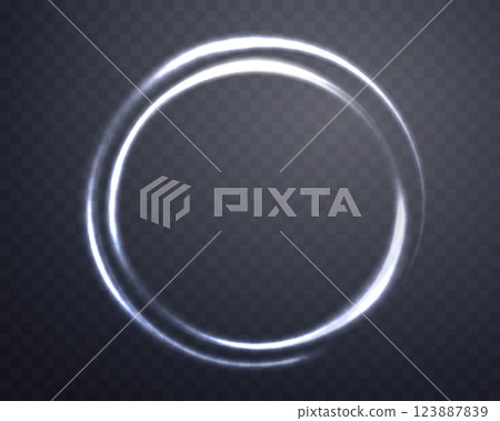 Silver magic ring with glowing. Neon realistic energy flare halo ring. Abstract light effect on a dark transparent background. Vector illustration. 123887839