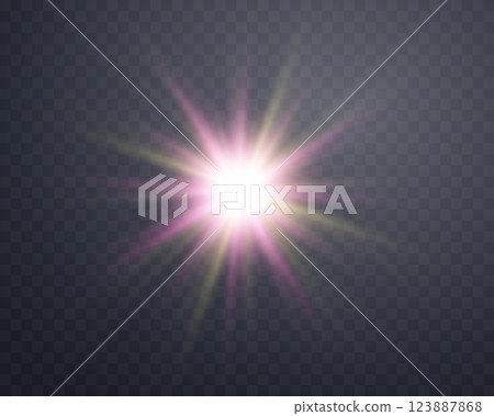 Sunlight lens flare, sun flash with rays and spotlight. Pink and gold glowing burst explosion on a transparent background. Vector illustration. 123887868