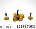 Income inequality and business success - miniature of businessman on gold coins 123887952