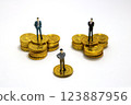 Income inequality and business success - miniature of businessman on gold coins 123887956