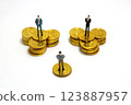 Income inequality and business success - miniature of businessman on gold coins 123887957