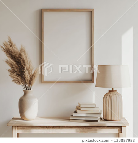 Natural wooden frame mockup with minimalist interior Natural wooden frame mockup with minimalist interior 123887988