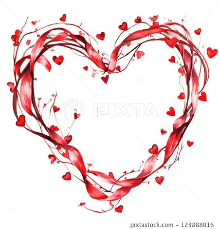 Intertwined red ribbons form a heart shape, accompanied by scattered small red hearts, set against a white background.  123888016