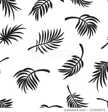 Seamless Tropical Palm Leaves Pattern. Black Silhouette Exotic Foliage On White. Vector Botanical Nature Illustration. Jungle Leaf Decorative Textile, Wallpaper, Fabric, Wrapping Paper Design 123888072