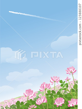 A background illustration of a lotus field spreading out under the blue sky with a contrail A background illustration of a lotus field spreading out under the blue sky with a contrail 123888107