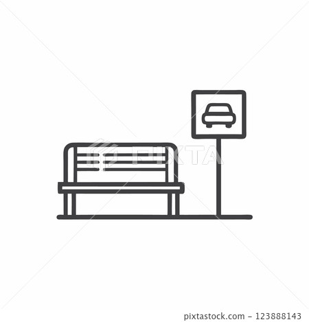 Modern bus stop design featuring a bench and sign in a minimalist vector illustration style 123888143