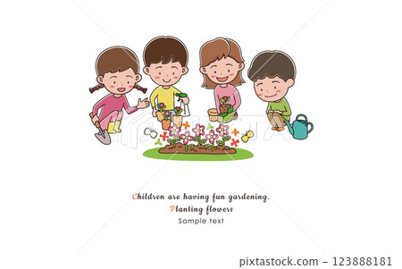 孩子們享受園藝種植花卉 孩子們享受園藝種植花卉 123888181