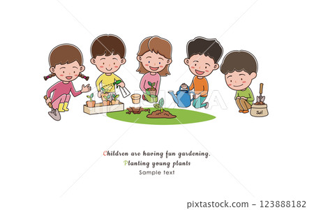 孩子們享受園藝種植幼苗 123888182