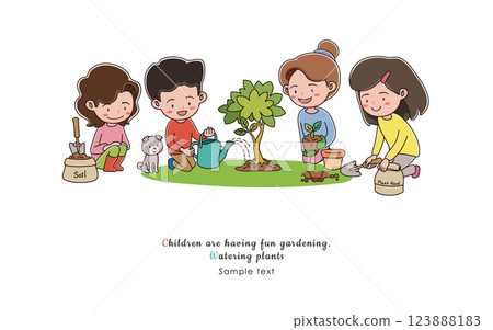 孩子們享受園藝給植物澆水 123888183