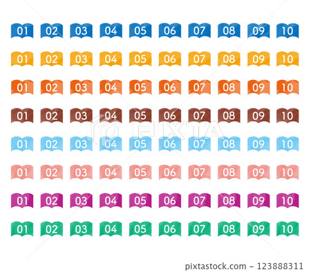 White numbers on colorful watercolor textured book shapes. Vector illustration collection 123888311