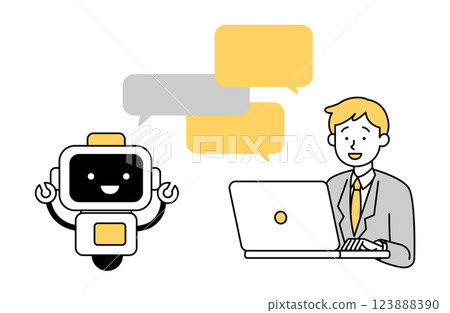 Vector illustration of a male office worker working with AI, office worker, robot, chatbot Vector illustration of a male office worker working with AI, office worker, robot, chatbot 123888390