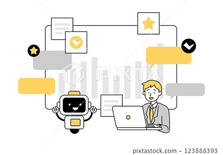 Vector illustration of a male office worker working with AI, office worker, robot, chatbot 123888393