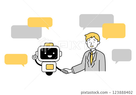 一名男子與人工智慧機器人交談和握手的插圖 商務機器人 辦公室職員 工薪族 簡單 123888402