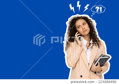 Stress month, tired business lady with a phone and notepads in her hands on a blue background, space for text 123888490