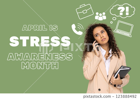 Stress month, tired business lady with a phone and notepads in her hands on a green background, with text Stress month, tired business lady with a phone and notepads in her hands on a green background, with text 123888492