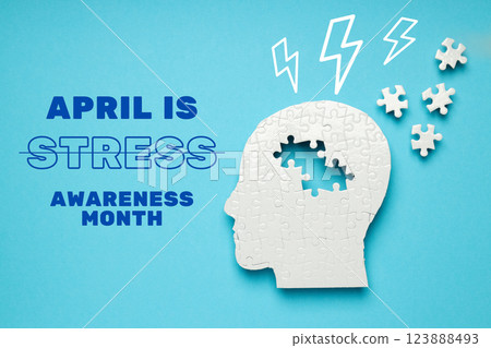 Stress month, head made of white puzzles on a blue background with text, top view Stress month, head made of white puzzles on a blue background with text, top view 123888493