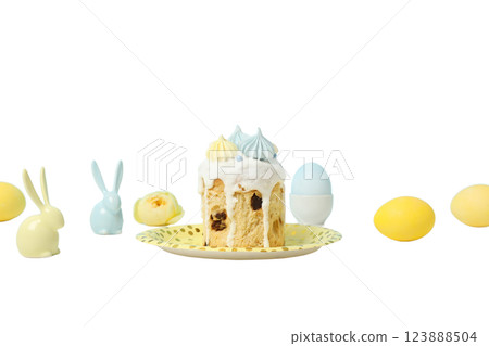 PNG, Easter, Easter cake with rabbits and eggs, isolated on white background PNG, Easter, Easter cake with rabbits and eggs, isolated on white background 123888504