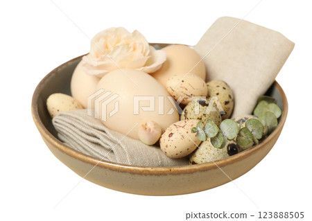 PNG, Easter, eggs in a plate with flowers, close-up, isolated on a white background PNG, Easter, eggs in a plate with flowers, close-up, isolated on a white background 123888505