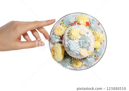 PNG, Easter, Easter bread in a plate with a hand, isolated on a white background PNG, Easter, Easter bread in a plate with a hand, isolated on a white background 123888510