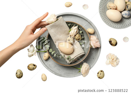 PNG, Easter, gray plate with flowers and eggs and hand, isolated on white background 123888522