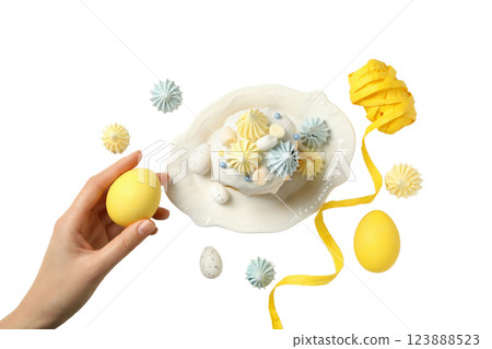PNG, Easter, Easter bread in a plate with a hand, isolated on a white background PNG, Easter, Easter bread in a plate with a hand, isolated on a white background 123888523