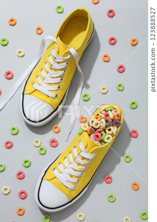 Yellow sneakers with corn rings on a light background 123888527